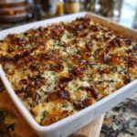 A close-up of a creamy, baked stuffed mushroom dip topped with golden brown breadcrumbs and parsley in a white square dish.