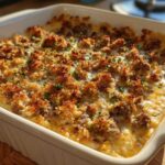 A close-up of a bubbling, cheesy stuffed mushroom dip with a golden brown, crunchy topping in a white baking dish.