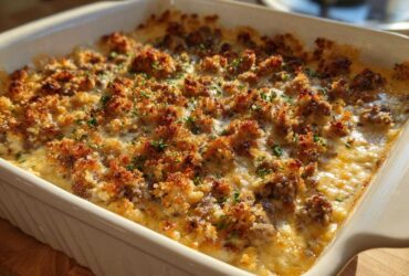 A close-up of a bubbling, cheesy stuffed mushroom dip with a golden brown, crunchy topping in a white baking dish.