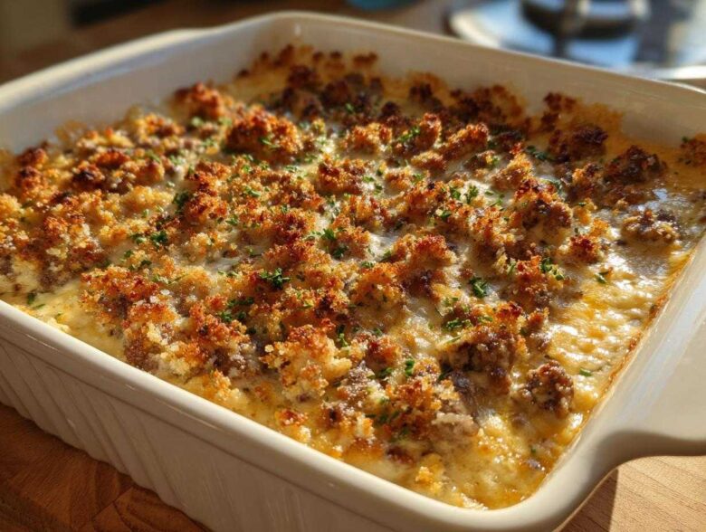 A close-up of a bubbling, cheesy stuffed mushroom dip with a golden brown, crunchy topping in a white baking dish.