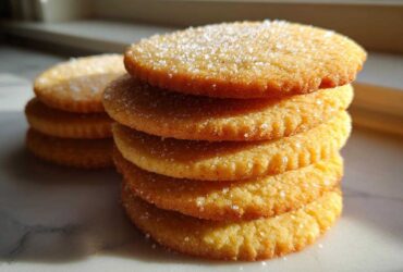 Close-up of a tall stack of golden brown sugar cookies topped with coarse sparkling sugar.