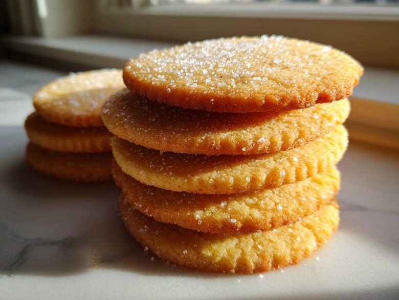 Close-up of a tall stack of golden brown sugar cookies topped with coarse sparkling sugar.