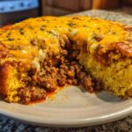 Close-up of a freshly baked tamale pie with a slice removed, showing the cornbread base and savory ground beef filling topped with melted cheese.