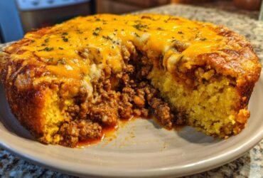 Close-up of a freshly baked tamale pie with a slice removed, showing the cornbread base and savory ground beef filling topped with melted cheese.