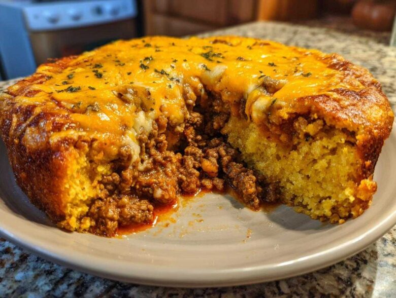 Close-up of a freshly baked tamale pie with a slice removed, showing the cornbread base and savory ground beef filling topped with melted cheese.
