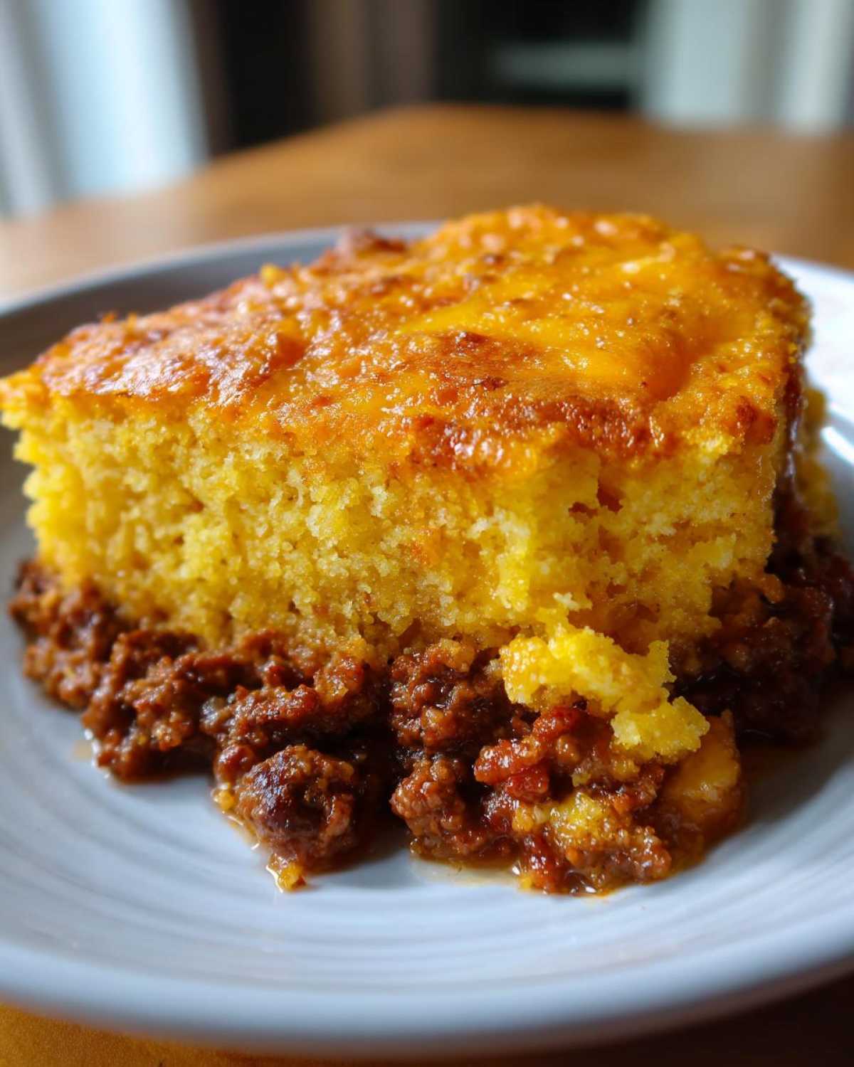 A close-up serving of tamale pie showing a thick layer of savory meat filling topped with golden cornbread.