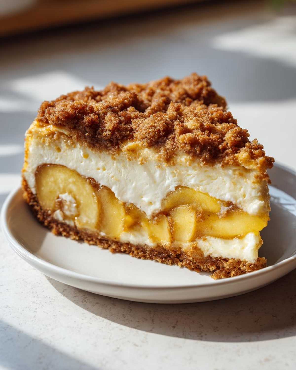 A delicious slice of apple pie cheesecake featuring layers of spiced apples, creamy filling, and a brown sugar crumble topping.