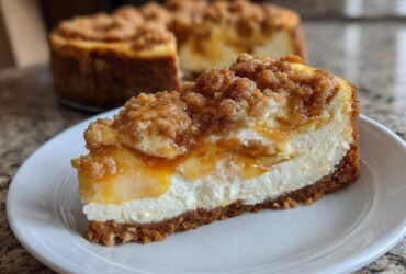 A close-up slice of apple pie cheesecake featuring a graham cracker crust, creamy filling, apple topping, and streusel crumble.