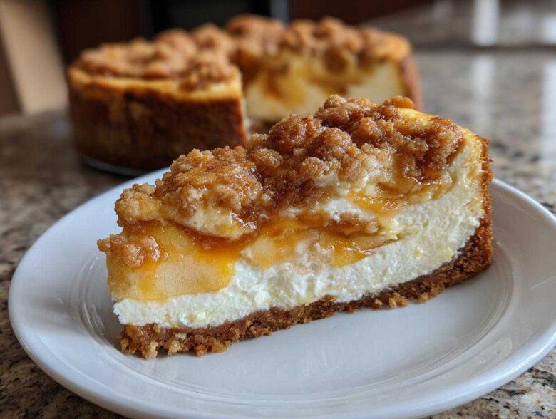 A close-up slice of apple pie cheesecake featuring a graham cracker crust, creamy filling, apple topping, and streusel crumble.