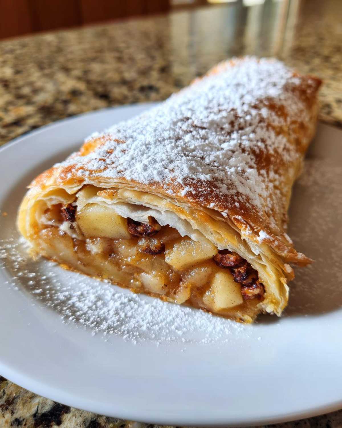A close-up of a flaky slice of apple strudel filled with spiced apples and pecans, topped with powdered sugar.