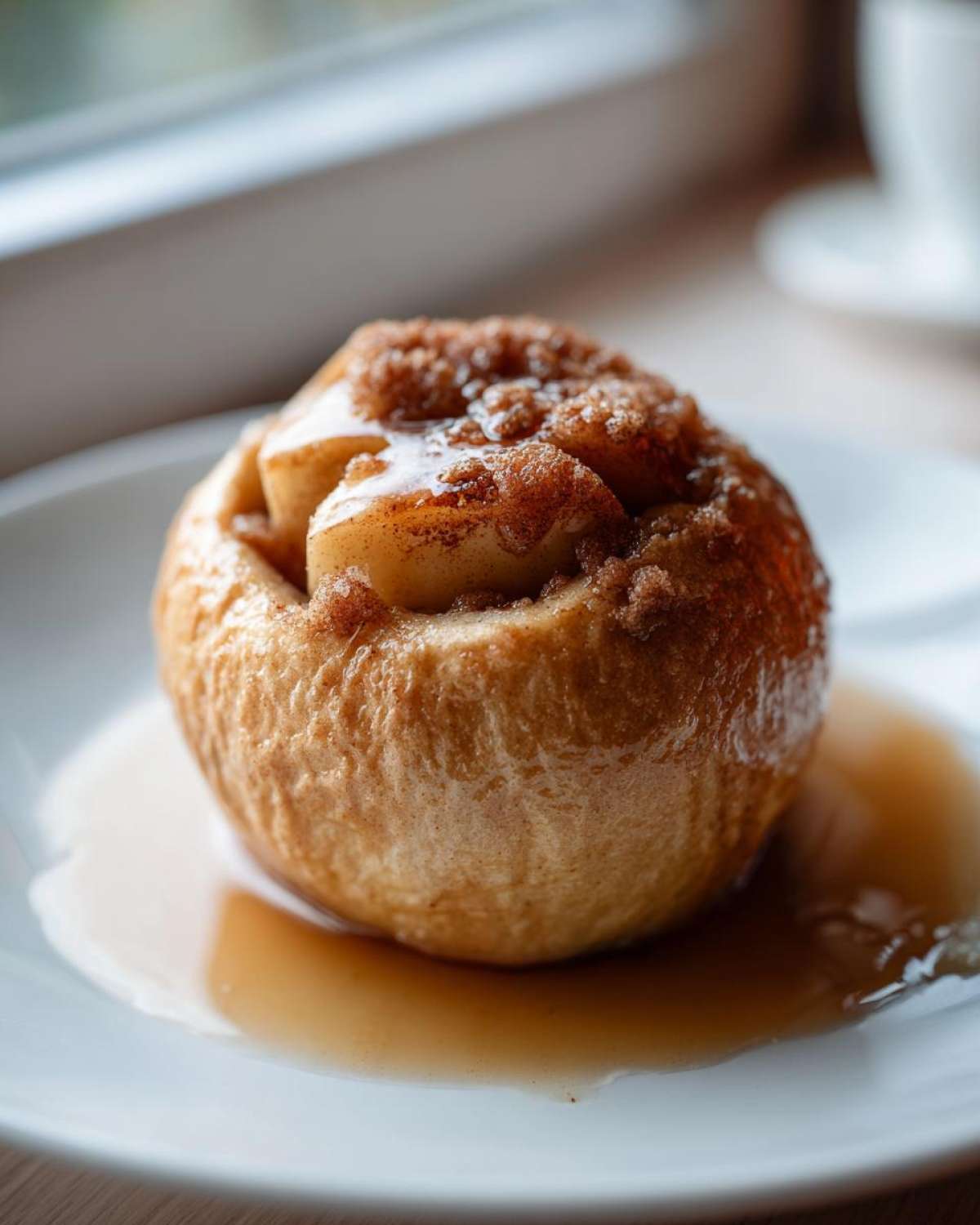 Close-up of a single baked apple filled with cinnamon sugar and drizzled with syrup on a white plate.