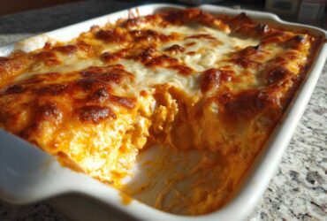 Close-up of hot, baked buffalo chicken dip in a white casserole dish with a scoop already taken out.