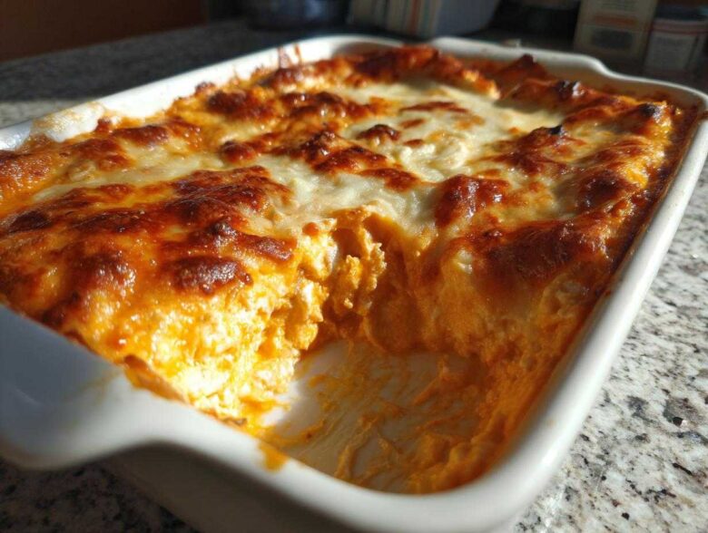 Close-up of hot, baked buffalo chicken dip in a white casserole dish with a scoop already taken out.