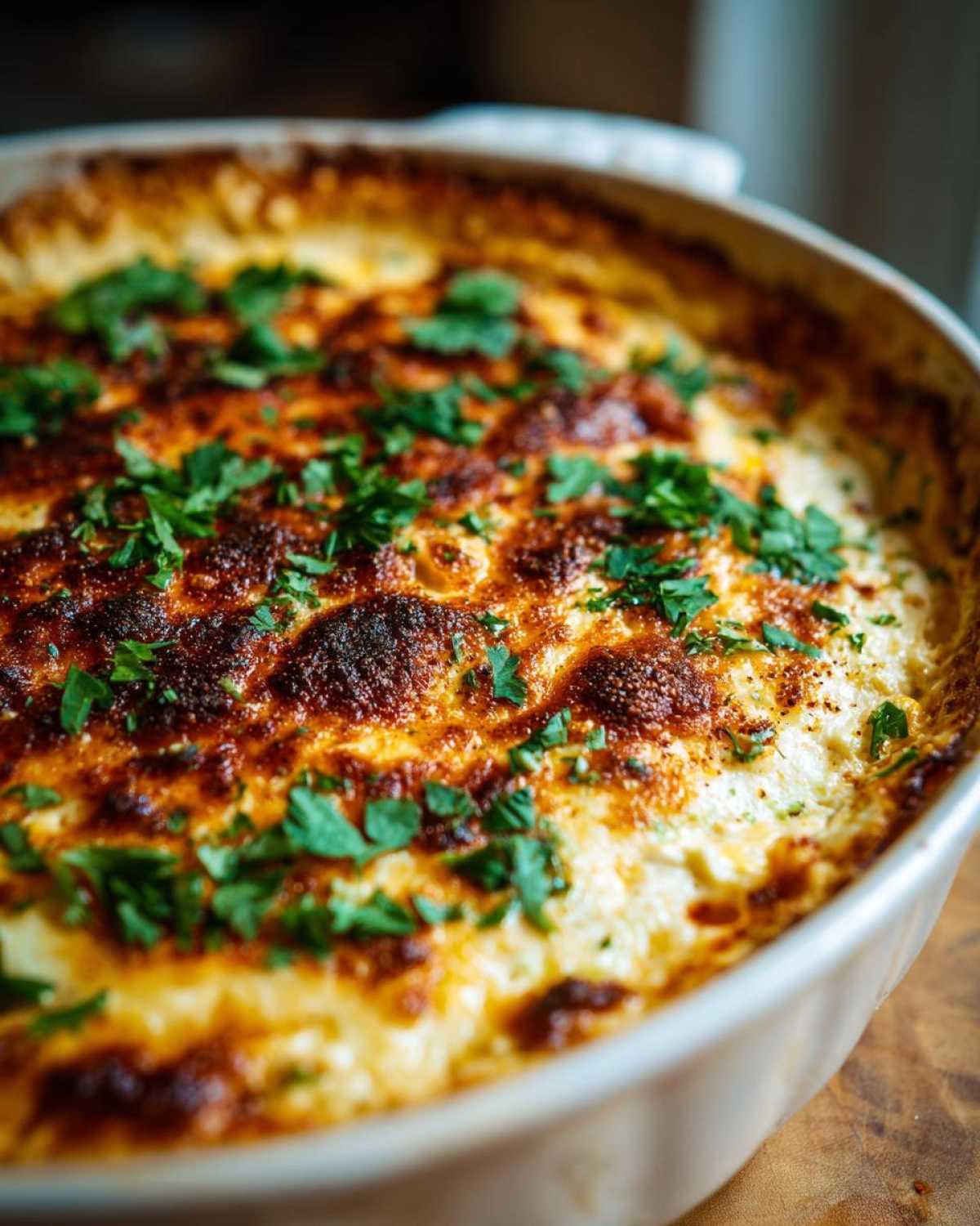 Close-up of a bubbly, baked mexican street corn dip topped with fresh green cilantro.