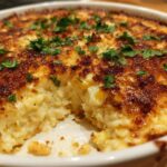 Close-up of a baked mexican street corn dip with a deeply browned, cheesy top garnished with fresh cilantro.