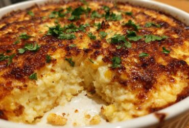 Close-up of a baked mexican street corn dip with a deeply browned, cheesy top garnished with fresh cilantro.