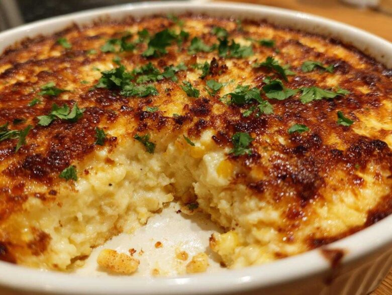 Close-up of a baked mexican street corn dip with a deeply browned, cheesy top garnished with fresh cilantro.