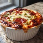 Close-up of a bubbling, baked pizza dip topped with melted cheese, pepperoni slices, and green peas in a white ramekin.