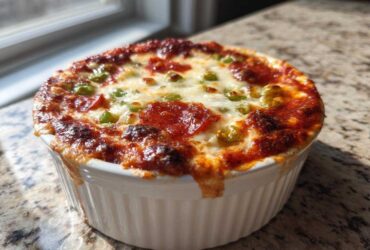 Close-up of a bubbling, baked pizza dip topped with melted cheese, pepperoni slices, and green peas in a white ramekin.