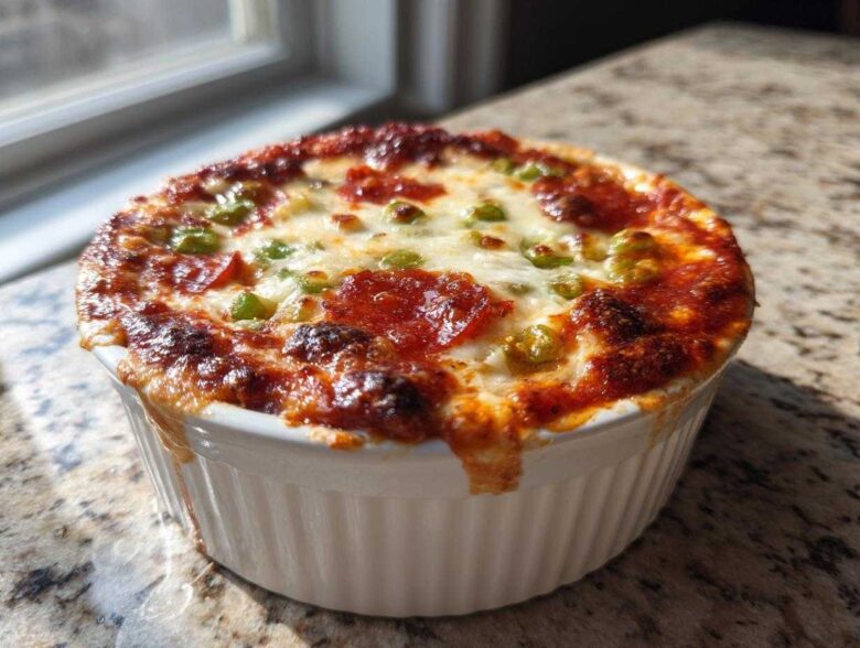 Close-up of a bubbling, baked pizza dip topped with melted cheese, pepperoni slices, and green peas in a white ramekin.