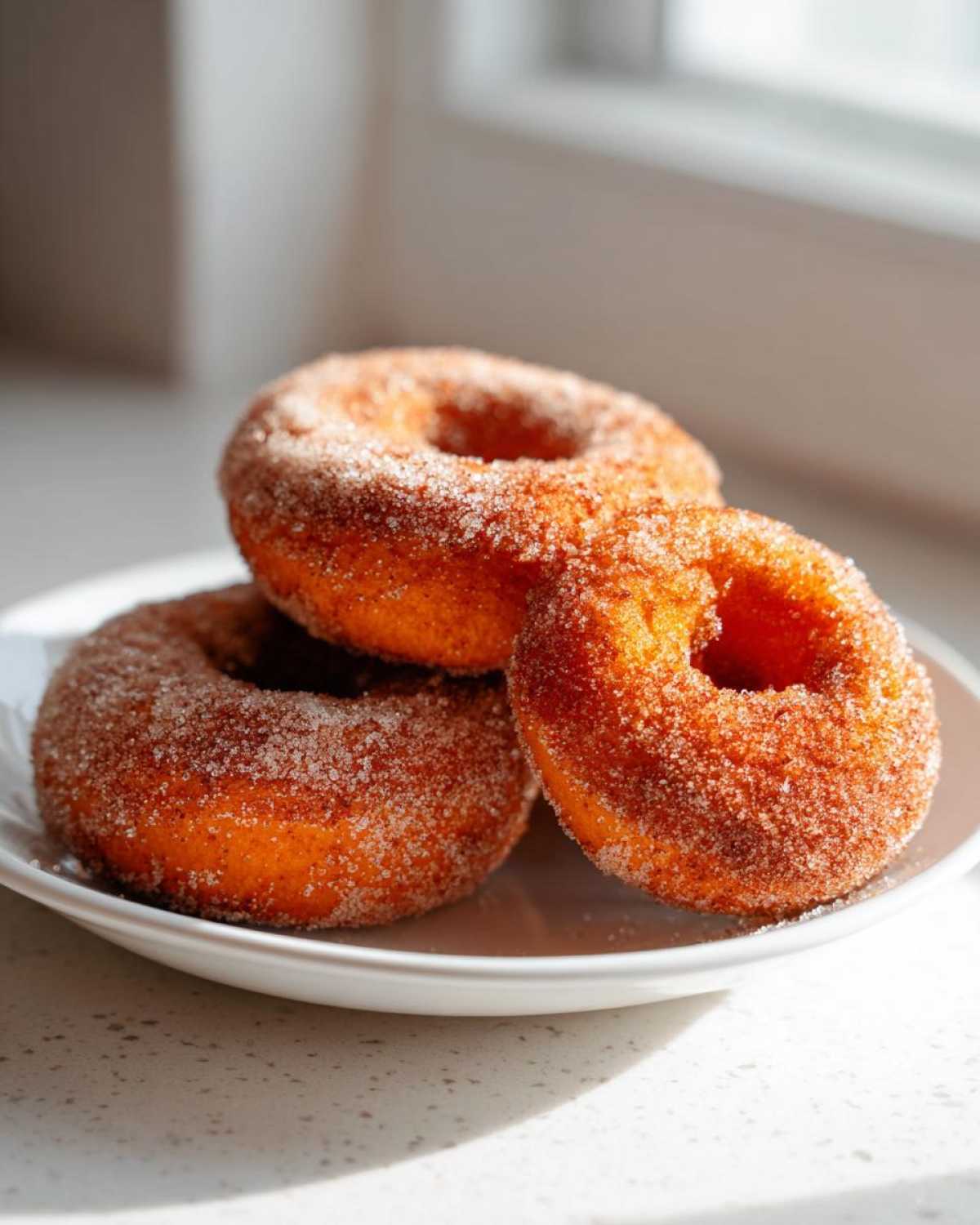 Three delicious baked pumpkin donuts generously coated in cinnamon sugar resting on a white plate.