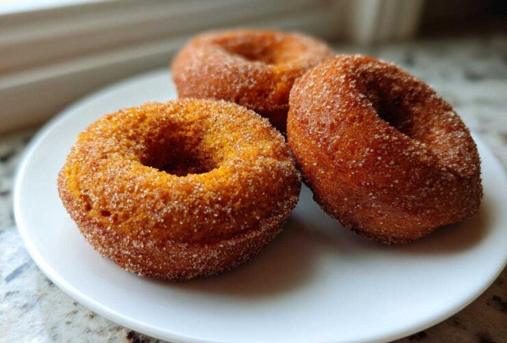 Close-up of three freshly baked pumpkin donuts coated in cinnamon sugar resting on a white plate.