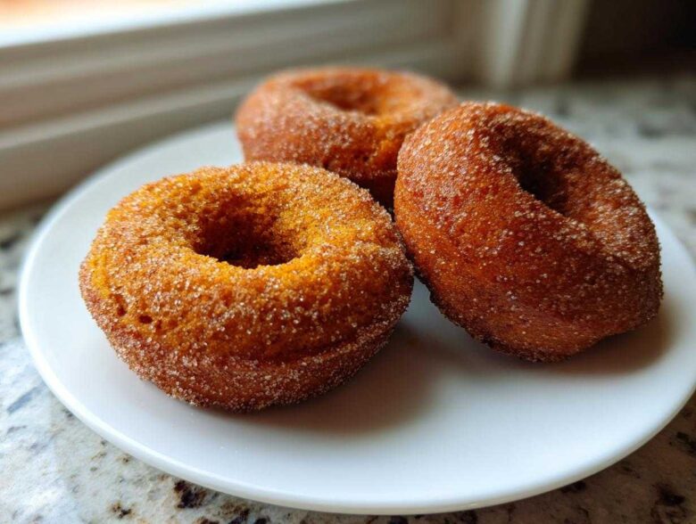 Close-up of three freshly baked pumpkin donuts coated in cinnamon sugar resting on a white plate.