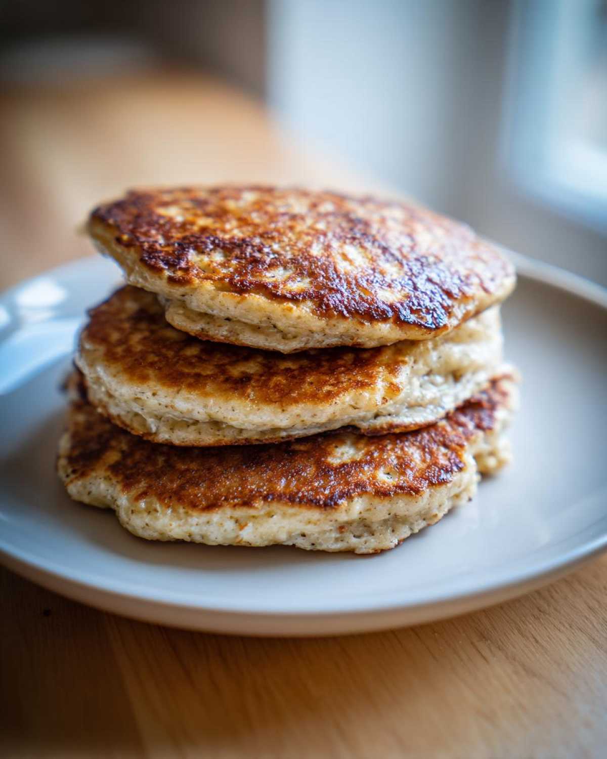 A stack of three perfectly cooked banana oatmeal pancakes with golden brown edges on a light plate.