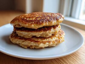 A stack of three golden-brown banana oatmeal pancakes served on a white plate.