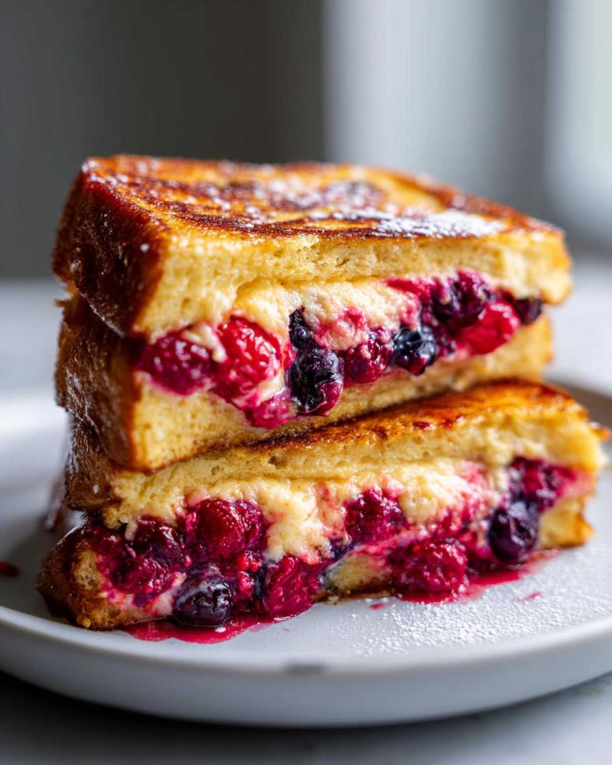 Two halves of berry stuffed french toast stacked, showing creamy filling and mixed berries.
