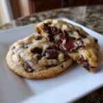 Close-up of the best chocolate chip cookie broken in half showing gooey, melted chocolate center.