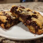 Close-up of a thick chocolate chip cookie broken in half, revealing a gooey, melted chocolate center.