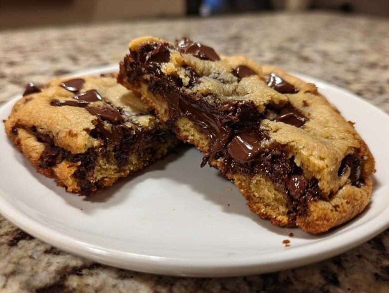 Close-up of a thick chocolate chip cookie broken in half, revealing a gooey, melted chocolate center.