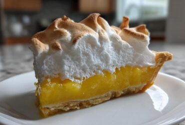 Close-up of a perfect slice of lemon meringue pie showing bright yellow filling and toasted meringue.