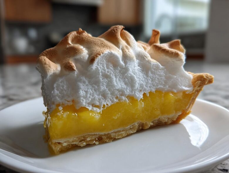 Close-up of a perfect slice of lemon meringue pie showing bright yellow filling and toasted meringue.