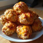 A pile of freshly baked, golden brown bisquick sausage balls with melted cheddar cheese on a white plate.