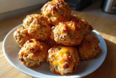 A pile of freshly baked, golden brown bisquick sausage balls with melted cheddar cheese on a white plate.