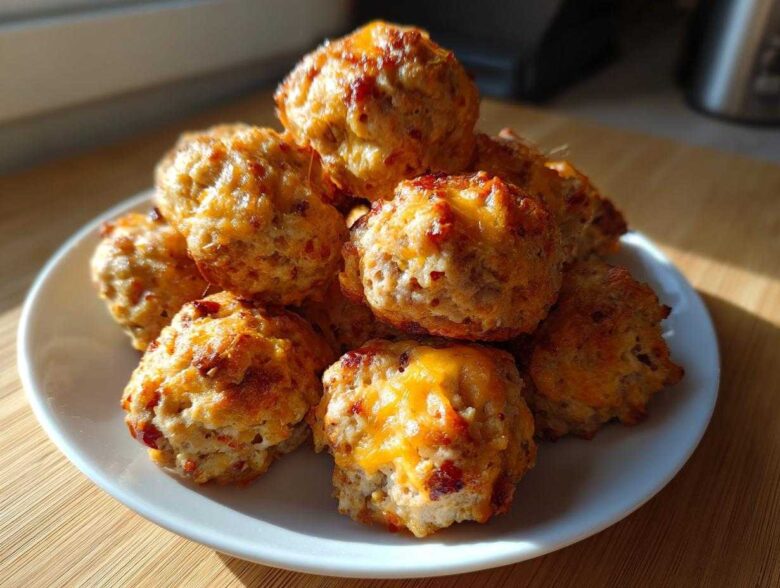 A pile of freshly baked, golden brown bisquick sausage balls with melted cheddar cheese on a white plate.