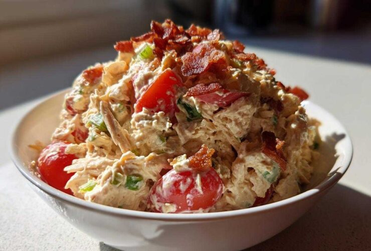 A close-up of creamy blt chicken salad mixed with tomatoes and topped generously with crispy bacon bits in a white bowl.