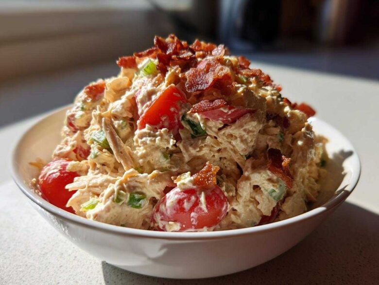 A close-up of creamy blt chicken salad mixed with tomatoes and topped generously with crispy bacon bits in a white bowl.