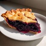 Close-up of a thick slice of homemade blueberry pie recipe showing juicy filling and golden crust.