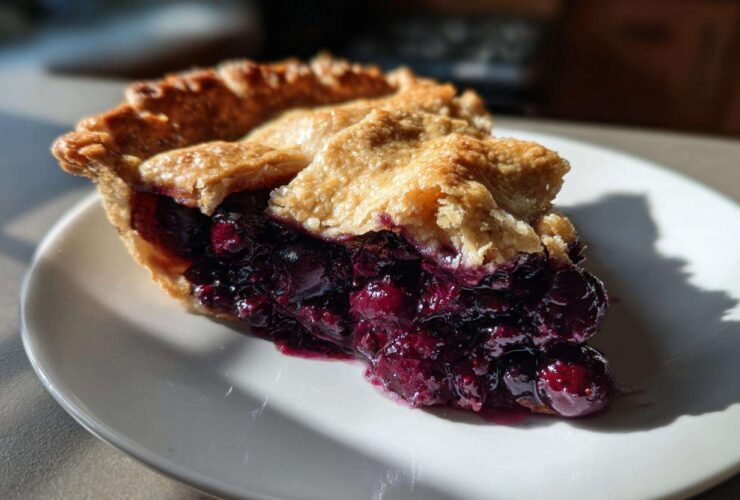 A close-up of a generous slice of blueberry pie recipe showing juicy filling and a golden, flaky crust.