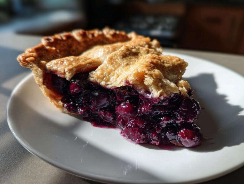 A close-up of a generous slice of blueberry pie recipe showing juicy filling and a golden, flaky crust.