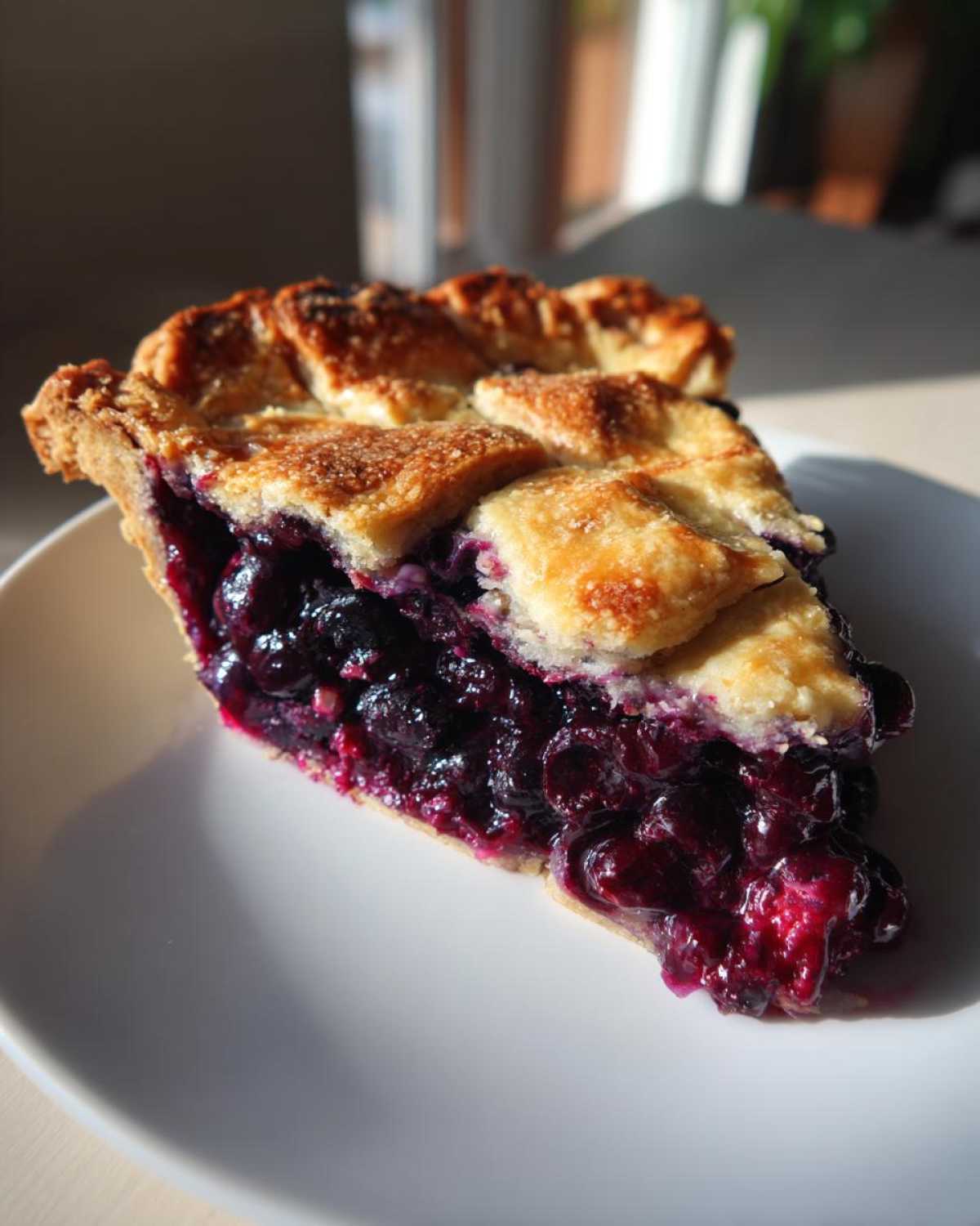 A thick slice of homemade blueberry pie recipe showing a juicy, dark filling and a golden, sugared lattice crust.