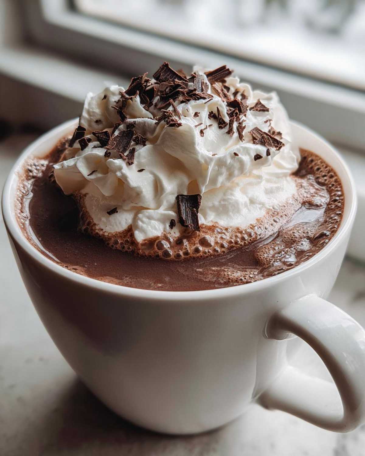Close-up of a mug filled with rich boozy hot chocolate topped with whipped cream and chocolate shavings.