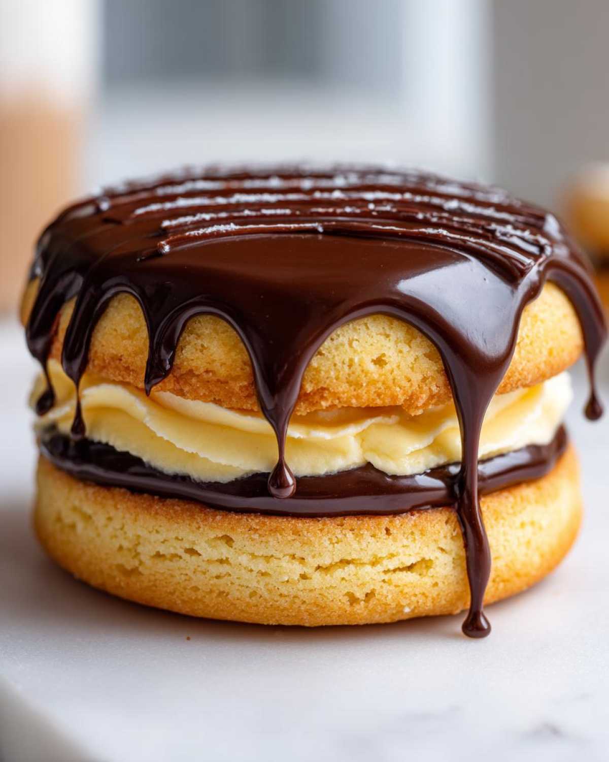 A close-up of a single Boston cream pie cookie with vanilla filling and dripping chocolate ganache.