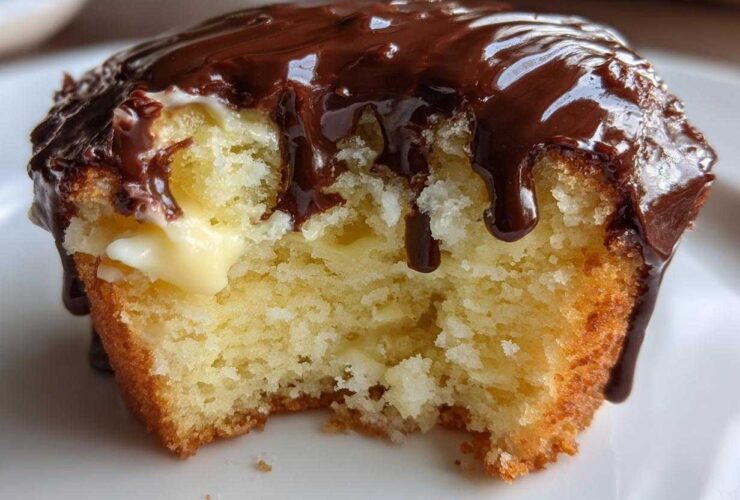 A close-up of a boston cream pie cupcake with a bite taken out, showing vanilla cream filling and rich chocolate glaze dripping down.