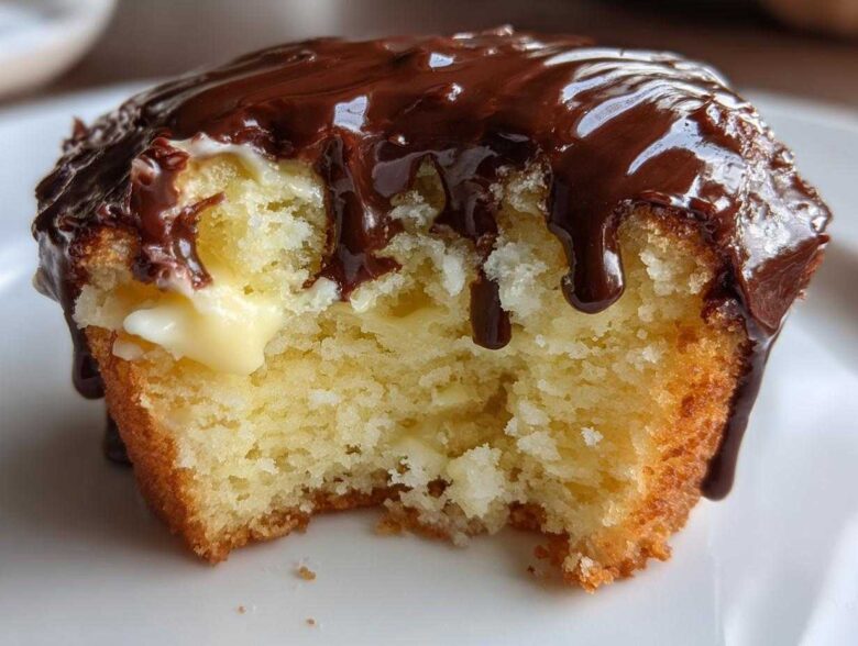 A close-up of a boston cream pie cupcake with a bite taken out, showing vanilla cream filling and rich chocolate glaze dripping down.