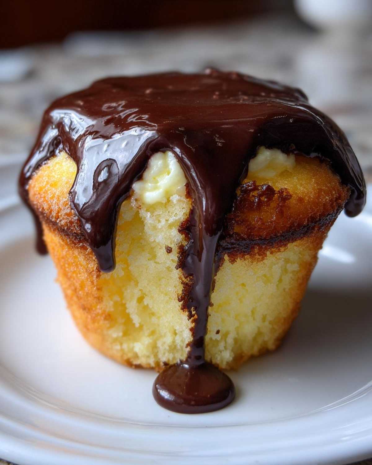 A single boston cream pie cupcake, cut open to show vanilla cream filling, topped with dripping dark chocolate ganache.