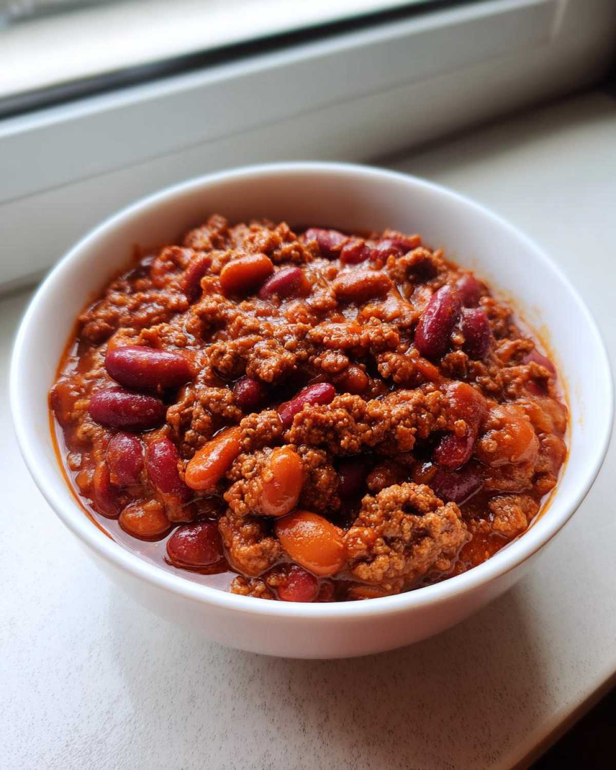 Close-up of a white bowl filled with rich, thick high protein chili featuring ground meat and red kidney beans.